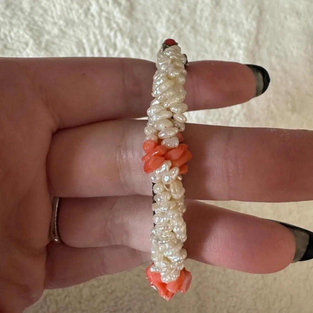 Antique Angel Skin Coral Freshwater Pearl Signed Estate Bracelet